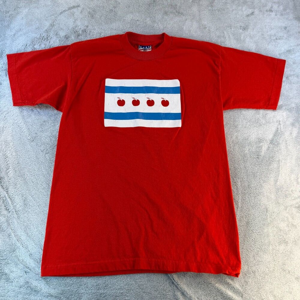 Chicago Flag T Shirt Men’s Large Red Apples Graphic Union Made USA JFK Quote